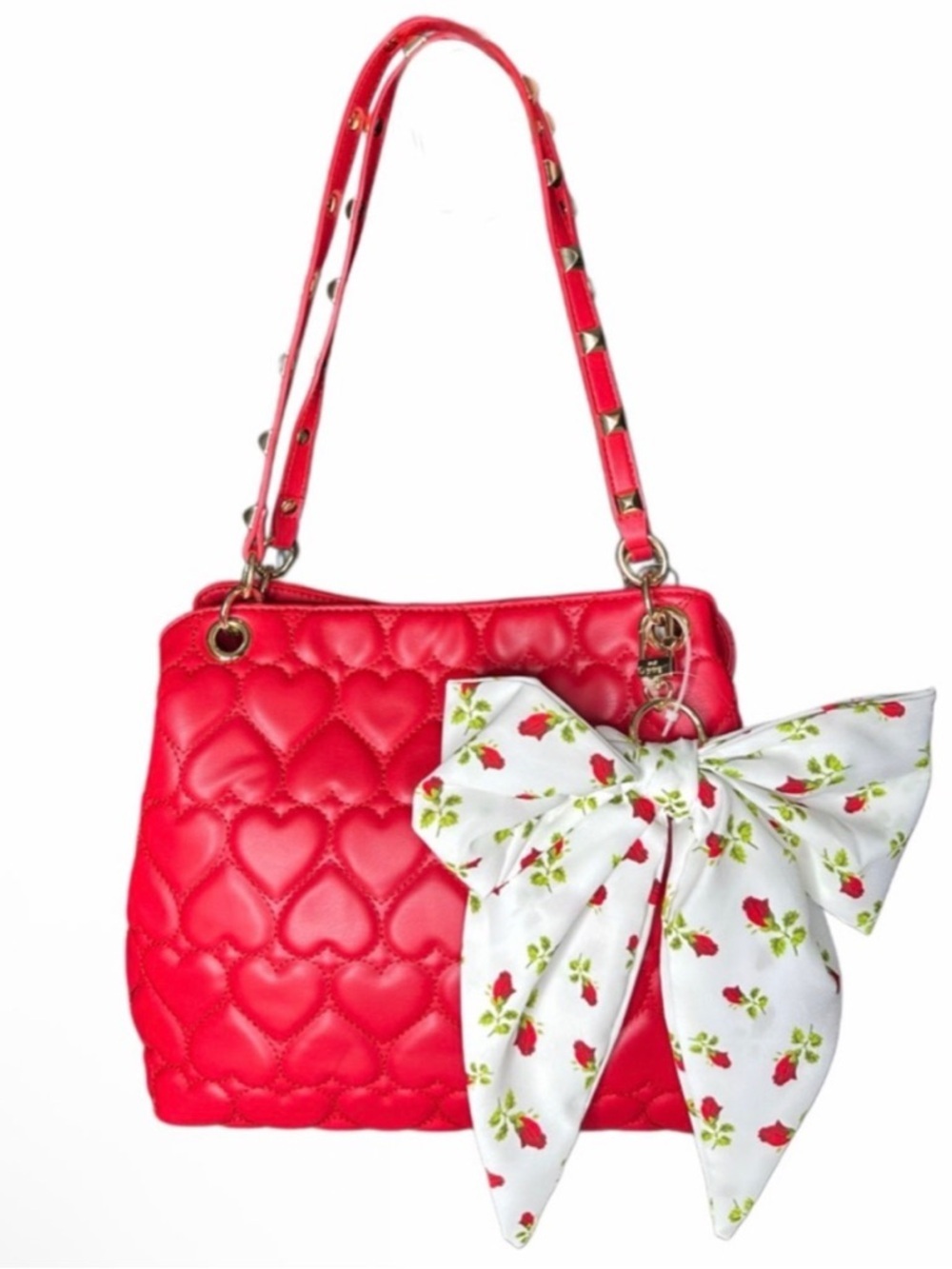 Betsey Johnson Red Heart-Quilted Shoulder Bag with Floral Bow Charm